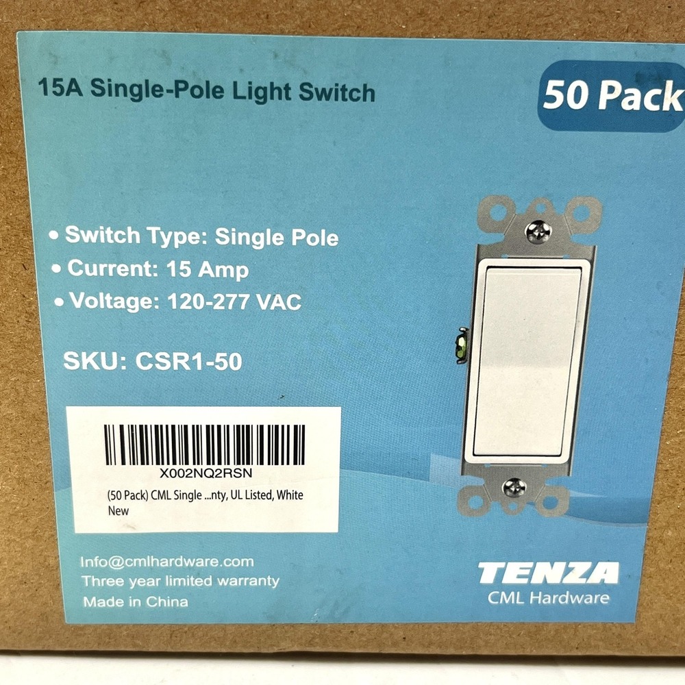 TENZA Decorator Light Switch 50 Pack Single Pole 15A 120-277V White UL Certified - Picture 7 of 9